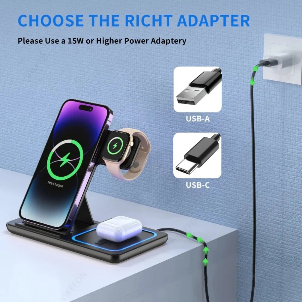 Carregador Sem Fios 3 em 1 | Carregamento Rápido 15W | Para iPhone, AirPods e Apple Watch
