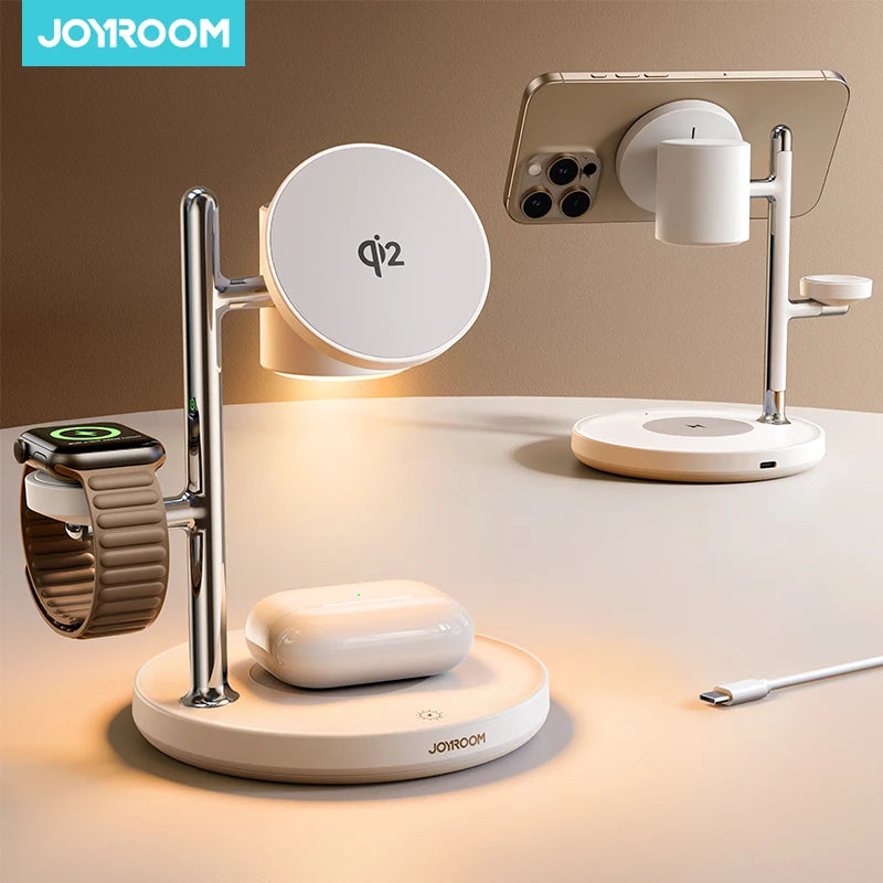 Carregador Sem Fios 4 em 1 Joyroom JR-W23 | Qi2 15W | iPhone | Apple Watch | AirPods | Candeeiro LED Integrado