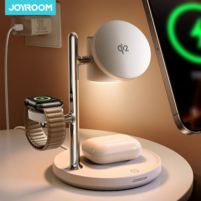Carregador Sem Fios 4 em 1 Joyroom JR-W23 | Qi2 15W | iPhone | Apple Watch | AirPods | Candeeiro LED Integrado