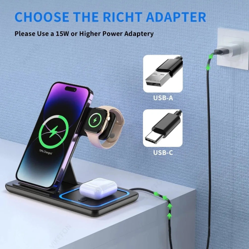 Carregador Sem Fios 3 em 1 | Carregamento Rápido 15W | Para iPhone, AirPods e Apple Watch