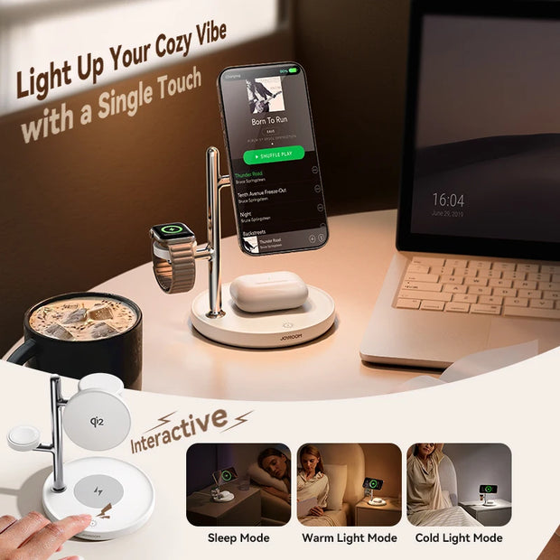 Carregador Sem Fios 4 em 1 Joyroom JR-W23 | Qi2 15W | iPhone | Apple Watch | AirPods | Candeeiro LED Integrado