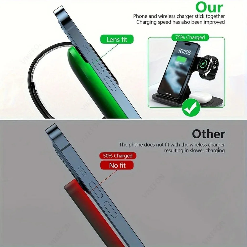 Carregador Sem Fios 3 em 1 | Carregamento Rápido 15W | Para iPhone, AirPods e Apple Watch